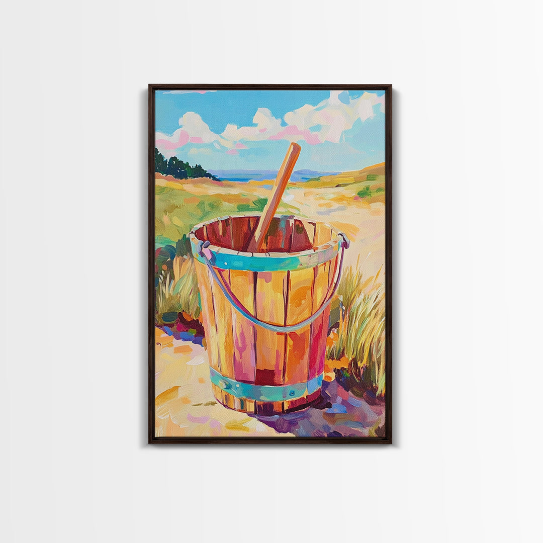Wooden Beach Bucket And Dunes Wall Art, Coastal Canvas Print, Nautical Beach House Decor, Summer Seascape Gift, Ocean Wall Decor