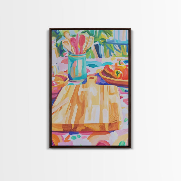 Sunlit Cutting Board Kitchen Wall Art, Colorful Tomato Still Life Canvas Print, Farmhouse Kitchen Decor, Food Lover Gift