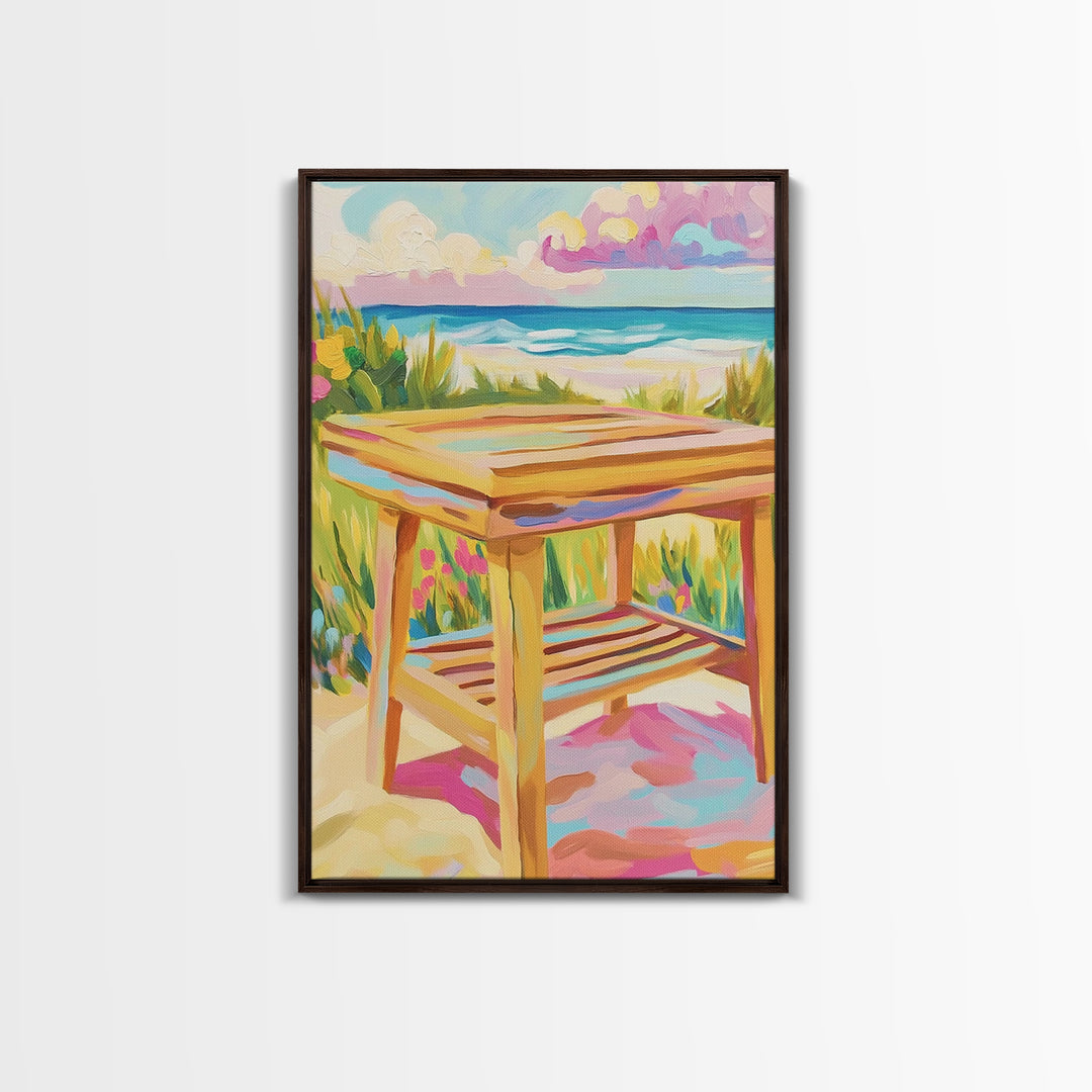 Sunny Beachside Wooden Table Canvas Print, Coastal Wall Art, Ocean Landscape Decor, Beach House Decor, Housewarming Gift