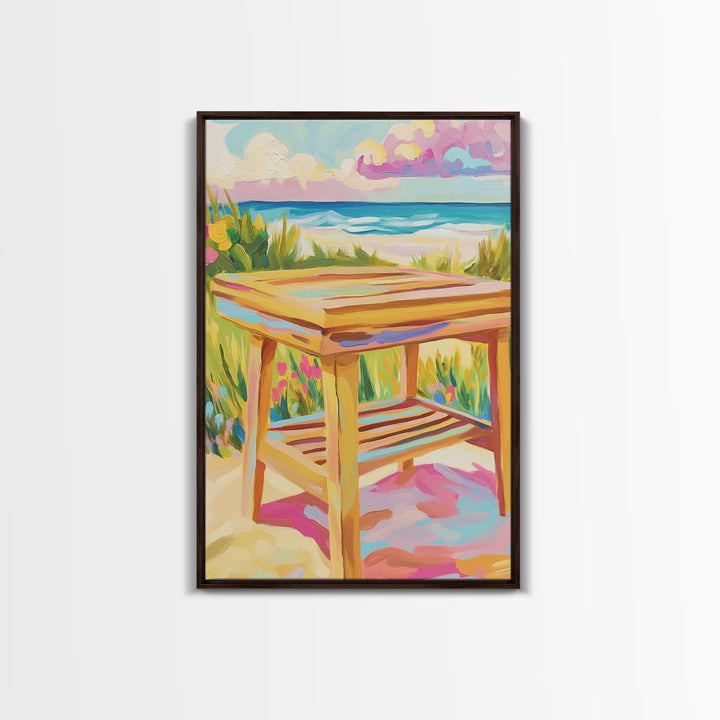 Sunny Beachside Wooden Table Canvas Print, Coastal Wall Art, Ocean Landscape Decor, Beach House Decor, Housewarming Gift