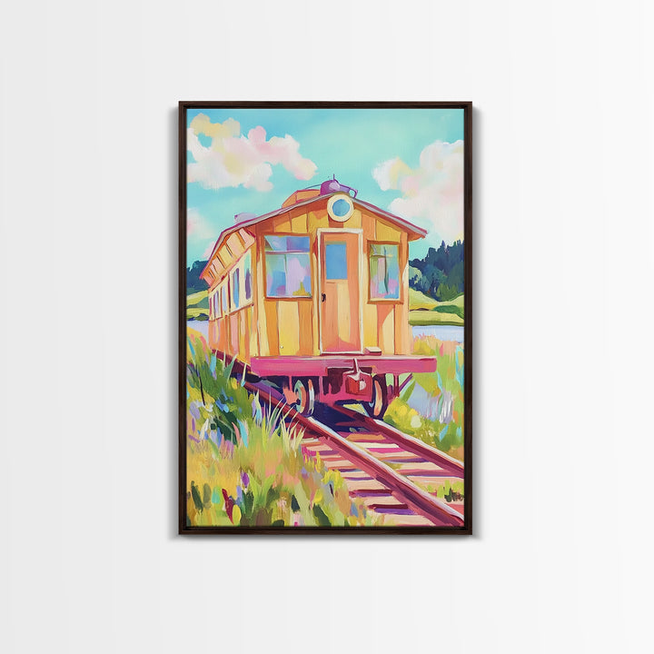 Yellow Railcar On Meadow Tracks Wall Art, Whimsical Travel Poster, Colorful Landscape Canvas Print, Eclectic Home Decor Gift