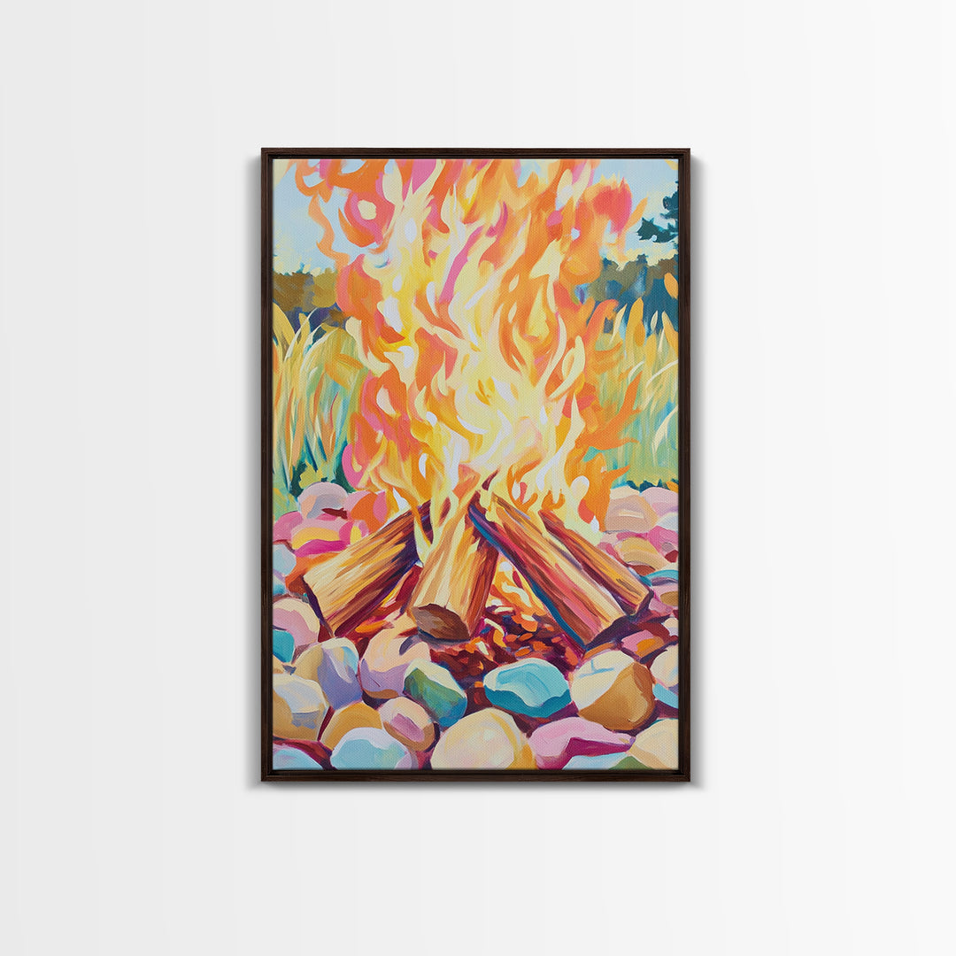 Vibrant Campfire With Painted River Stones Canvas Print, Cozy Wall Art, Cabin Decor, Rustic Outdoor Home Decor Gift For Him