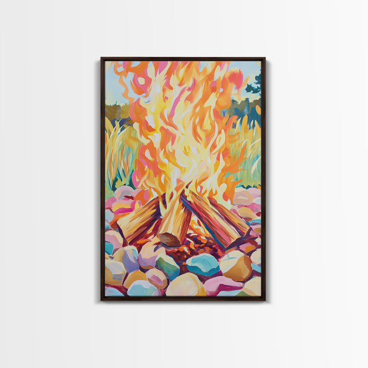 Vibrant Campfire With Painted River Stones Canvas Print, Cozy Wall Art, Cabin Decor, Rustic Outdoor Home Decor Gift For Him