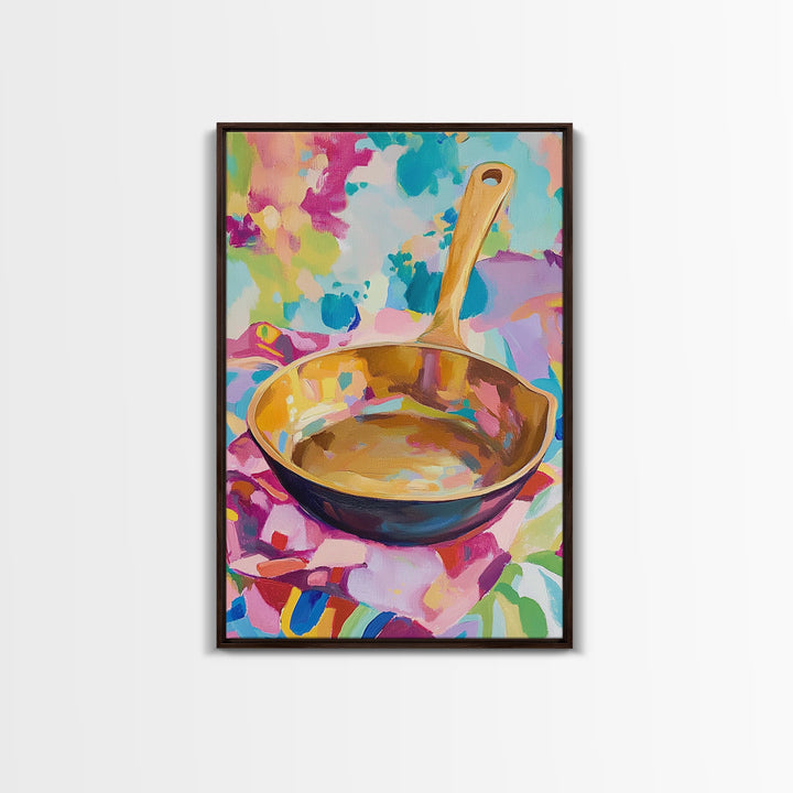 Golden Skillet Pan On Bright Cloth Canvas Print, Colorful Kitchen Wall Art, Foodie Home Decor, Housewarming Gift, Art Print