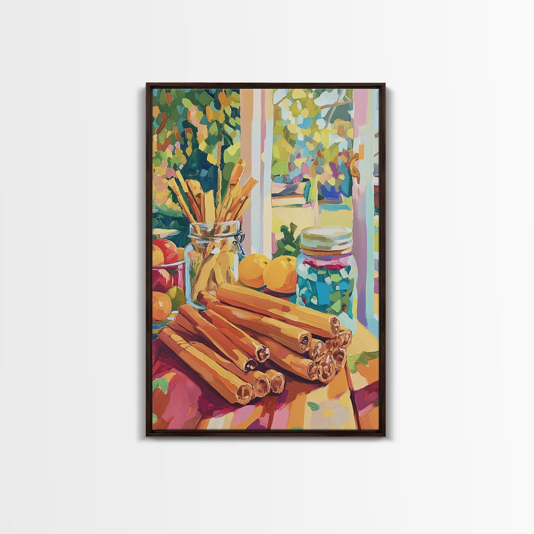 Cinnamon Sticks By Sunny Window Canvas Print, Colorful Kitchen Wall Art, Rustic Farmhouse Decor, Cozy Foodie Housewarming Gift