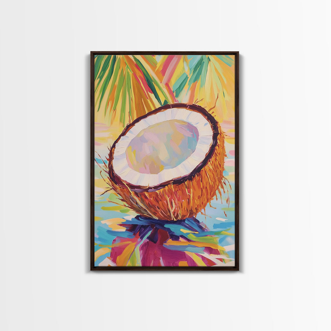 Tropical Coconut Half With Palm Leaves Canvas Print, Coastal Wall Art, Beach House Decor, Colorful Kitchen Art, Summer Gift