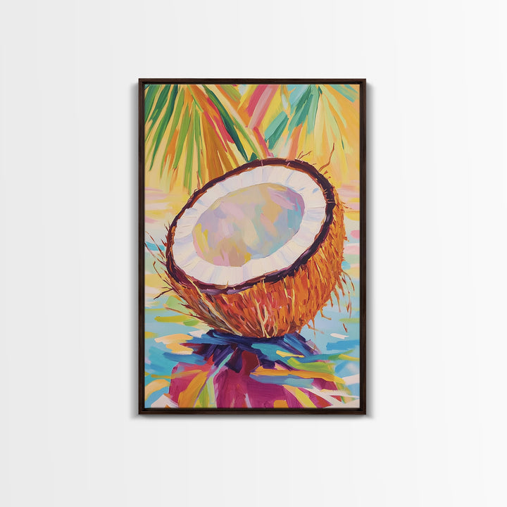Tropical Coconut Half With Palm Leaves Canvas Print, Coastal Wall Art, Beach House Decor, Colorful Kitchen Art, Summer Gift