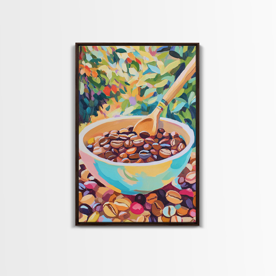 Vibrant Coffee Beans In Ceramic Bowl Canvas Print, Kitchen Wall Art, Coffee Bar Decor, Cafe Poster, Foodie Housewarming Gift