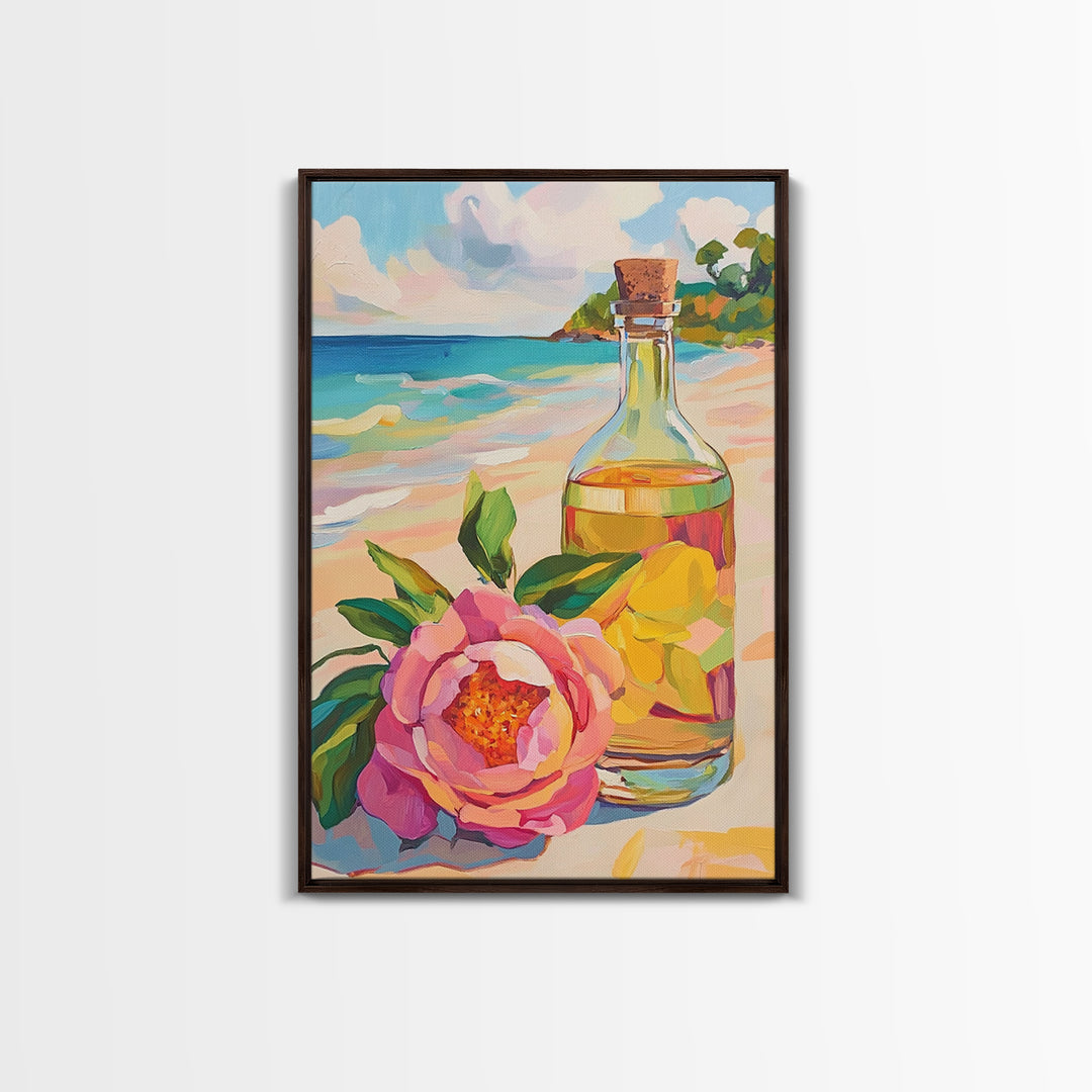 Beach Flower And Glass Bottle Canvas Print, Coastal Wall Art, Tropical Home Decor, Ocean Wall Decor, Summer Kitchen Art Print