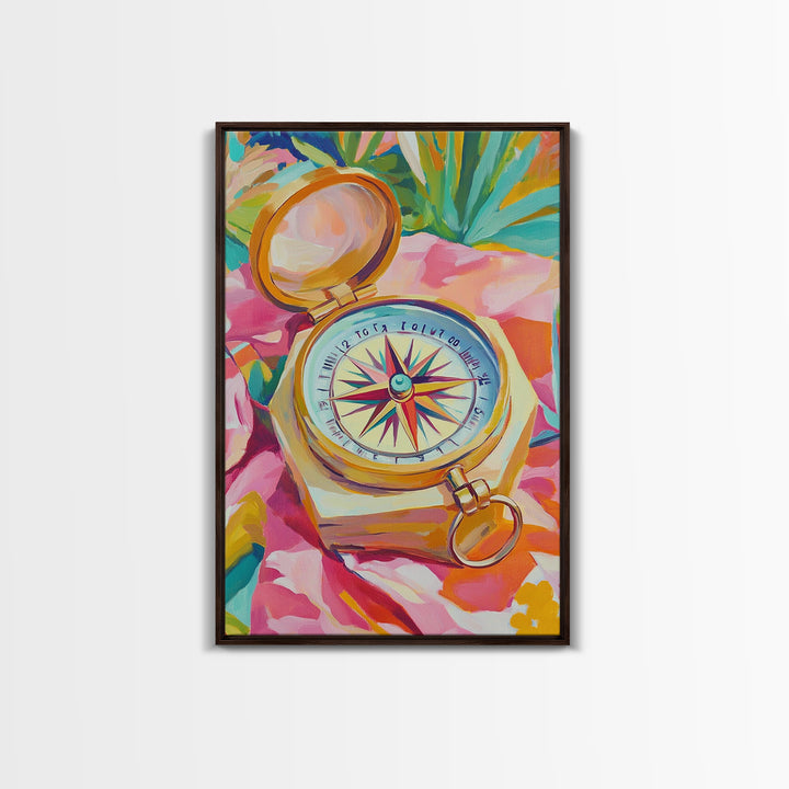 Golden Compass On Pink Tropical Cloth Canvas Print, Travel Wall Art, Coastal Decor, Nautical Poster, Adventure Gift For Her