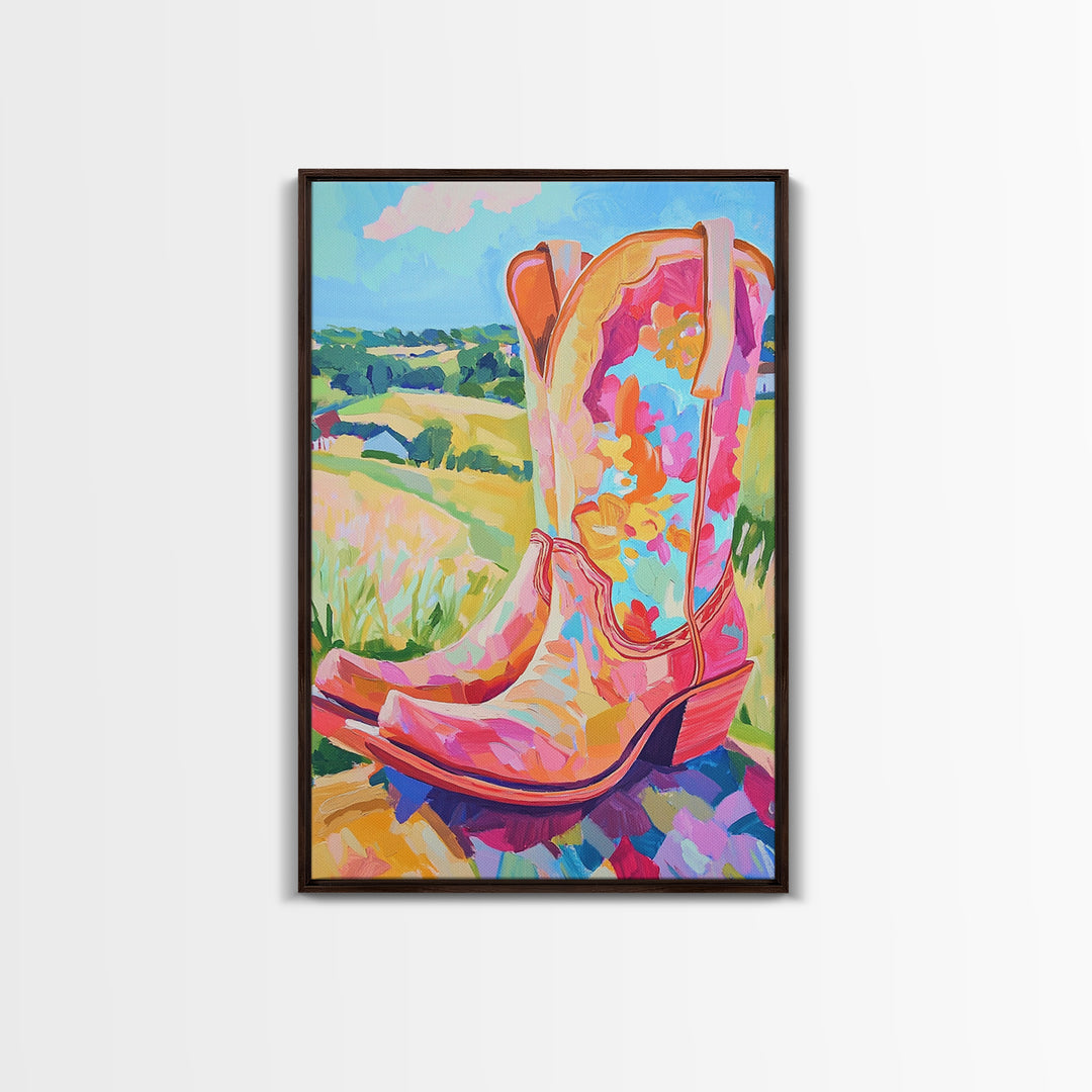 Pink Floral Cowboy Boots Canvas Print, Western Wall Art, Cowgirl Decor, Country Landscape Art Print, Bright Gift For Her
