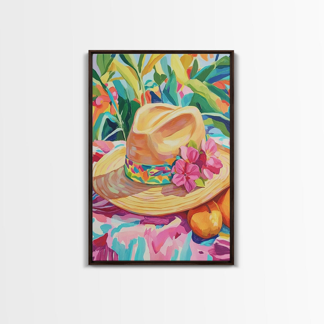 Straw Sun Hat With Pink Flowers Canvas Print, Tropical Wall Art, Coastal Cowgirl Decor, Summer Home Decor Art Gift For Her