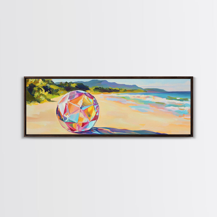 Prismatic Beach Ball On Tropical Shore Canvas Print, Coastal Wall Art, Beach House Decor, Ocean Wall Decor, Summer Vibes