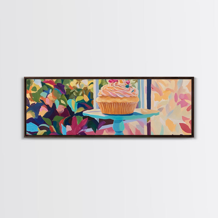 Pink Frosted Cupcake On Cake Stand Canvas Print, Bakery Wall Art, Cute Kitchen Decor, Dessert Art, Gift For Baker, Coffee Shop Decor