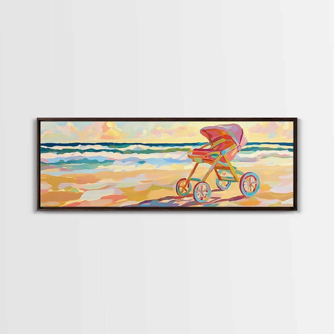 Pink Baby Stroller On Sunny Beach Wall Art, Coastal Nursery Decor, Ocean Canvas Print, Baby Shower Gift For Girl, Beach House Decor
