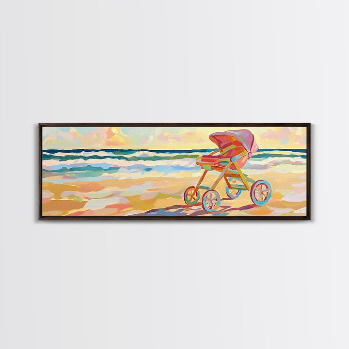 Pink Baby Stroller On Sunny Beach Wall Art, Coastal Nursery Decor, Ocean Canvas Print, Baby Shower Gift For Girl, Beach House Decor