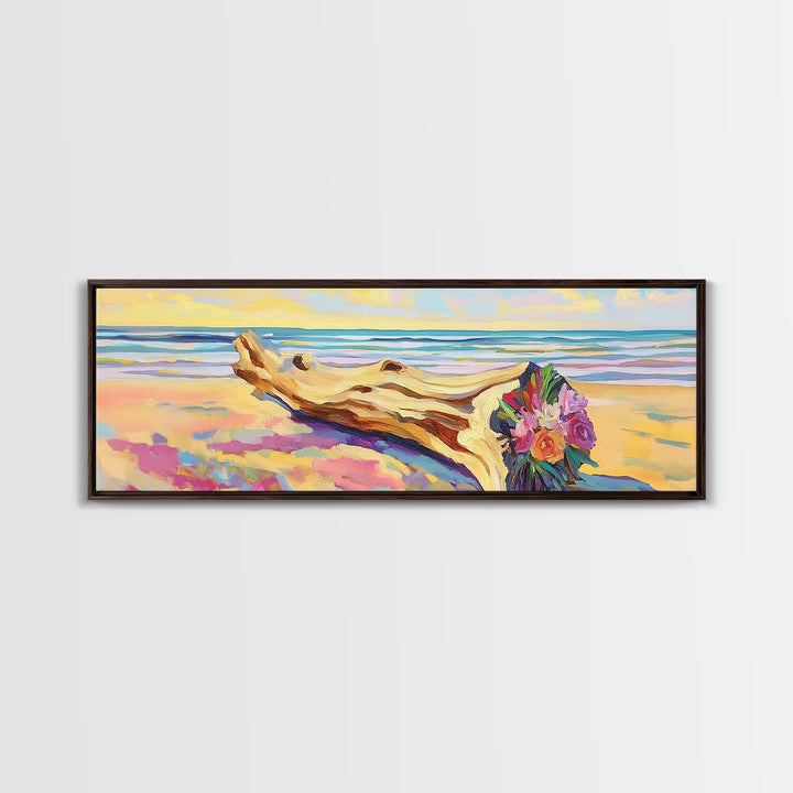 Driftwood Bouquet On Sandy Beach Wall Art, Coastal Canvas Print, Ocean Landscape Decor, Beach House Living Room Wall Decor Gift For Her
