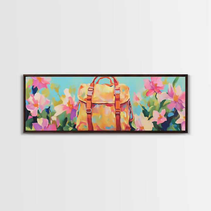 Sunlit Yellow Backpack In Blooming Garden Wall Art, Whimsical Canvas Print For Travel Decor Girls Room Decor And Gift For Her