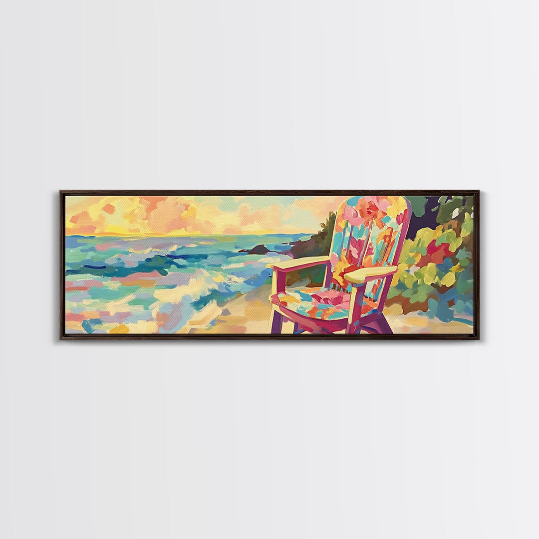 Colorful Beach Chair By Ocean Sunset Wall Art, Coastal Living Room Decor, Beach House Canvas Print, Summer Seascape Gift