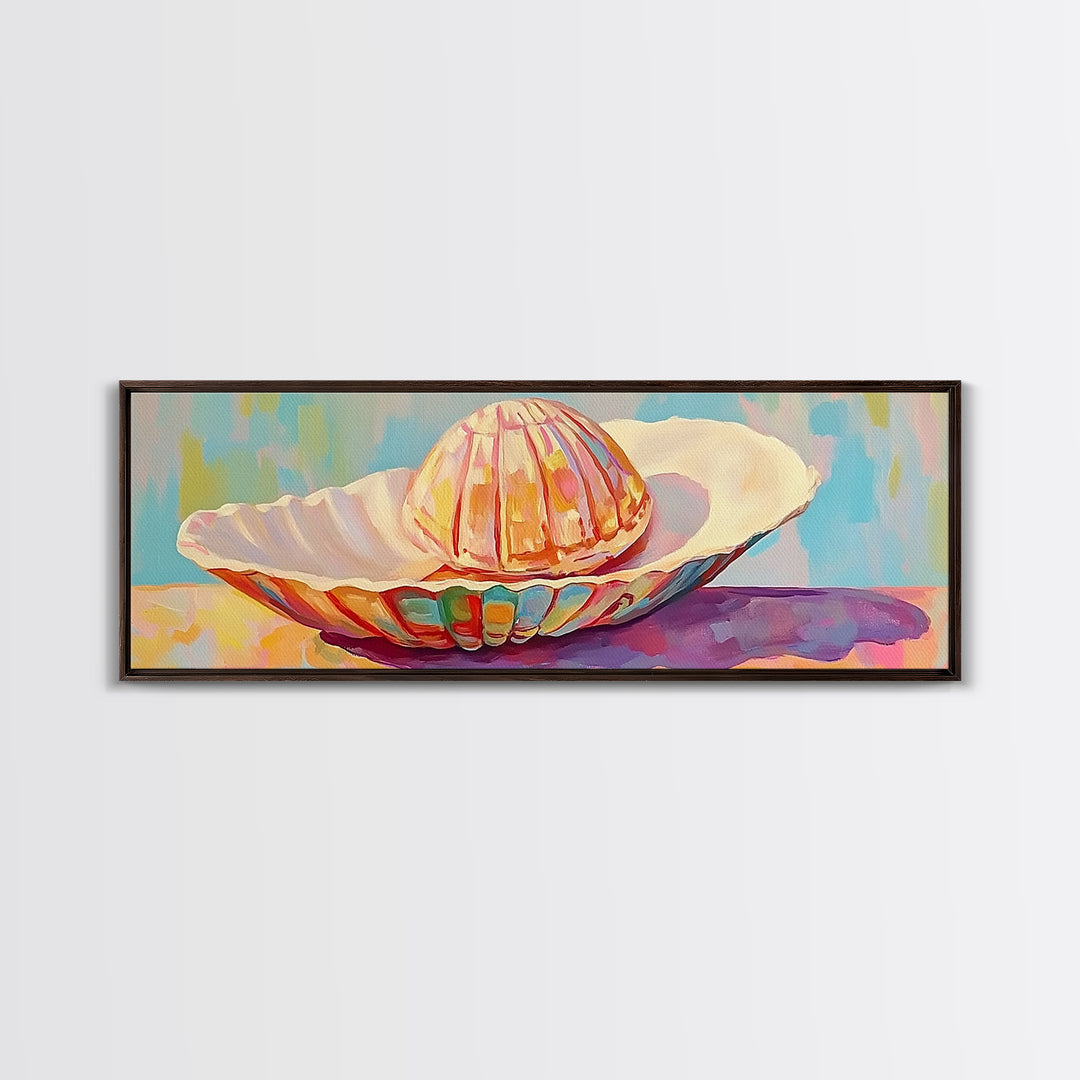 Pastel Seashells On Painted Plate Canvas Print, Coastal Wall Art, Beach House Decor, Ocean Art Print, Bathroom Wall Decor