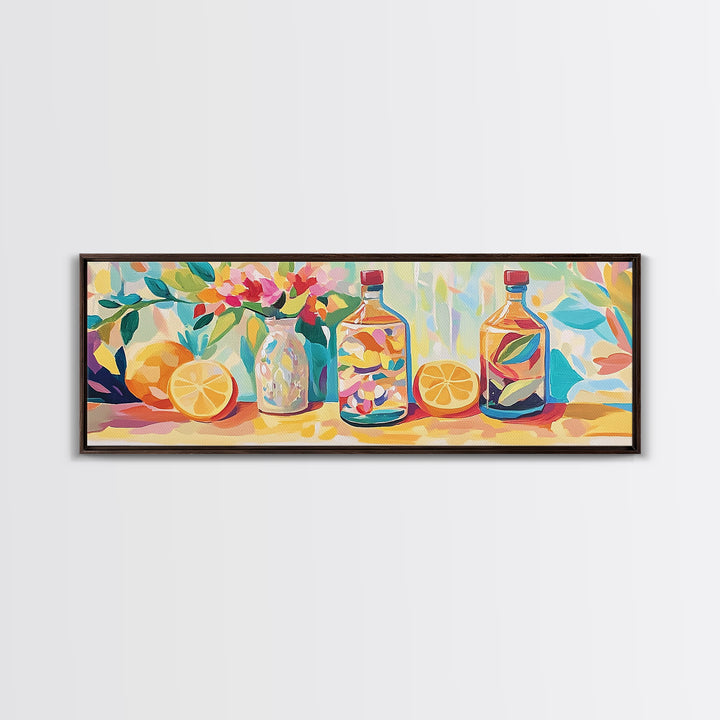 Lemon Bottles And Pink Flowers Framed Canvas Print, Kitchen Wall Art, Colorful Still Life, Modern Dining Room Decor, Housewarming Gift