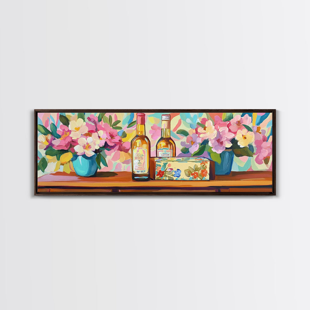 Wine Bottles And Pink Flowers Canvas Print, French Country Kitchen Decor, Winery Wall Art, Dining Room Prints, Gift For Her