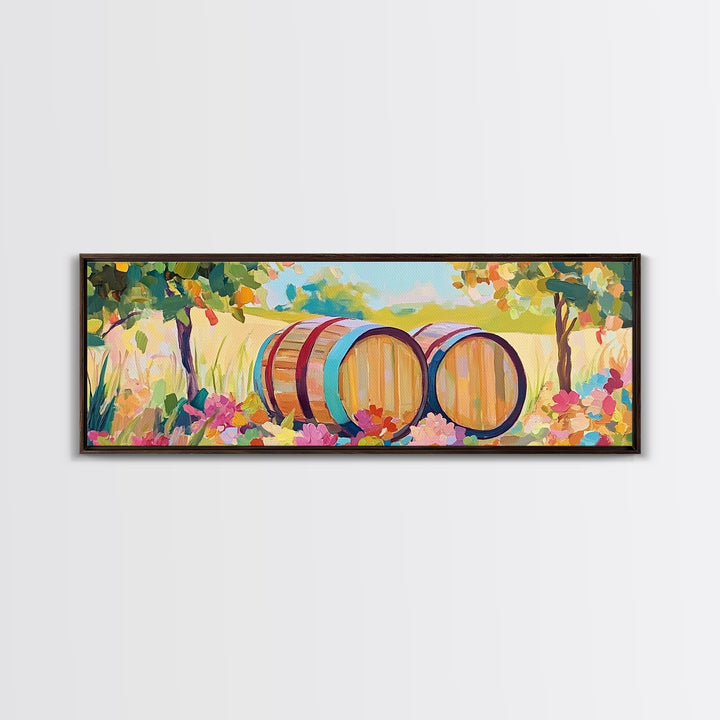 Sunny Vineyard Wine Barrels Framed Canvas Print, Wine Country Art, Rustic Wall Art, Winery Decor, Housewarming Gift Idea
