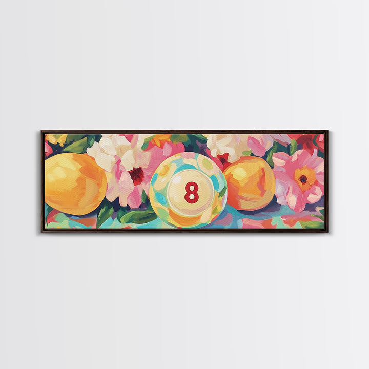 Pool Eight Ball With Pink Flowers Canvas Print, Retro Game Room Art, Billiards Wall Art, Man Cave Decor, Gift For Him Poster