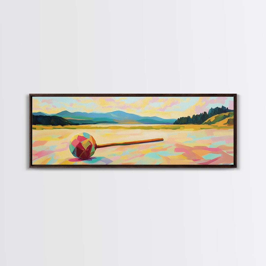 Colorful Croquet Ball And Mallet Landscape Canvas Print, Lake House Wall Decor, Summer Game Room Art, Rustic Cabin Gift Idea