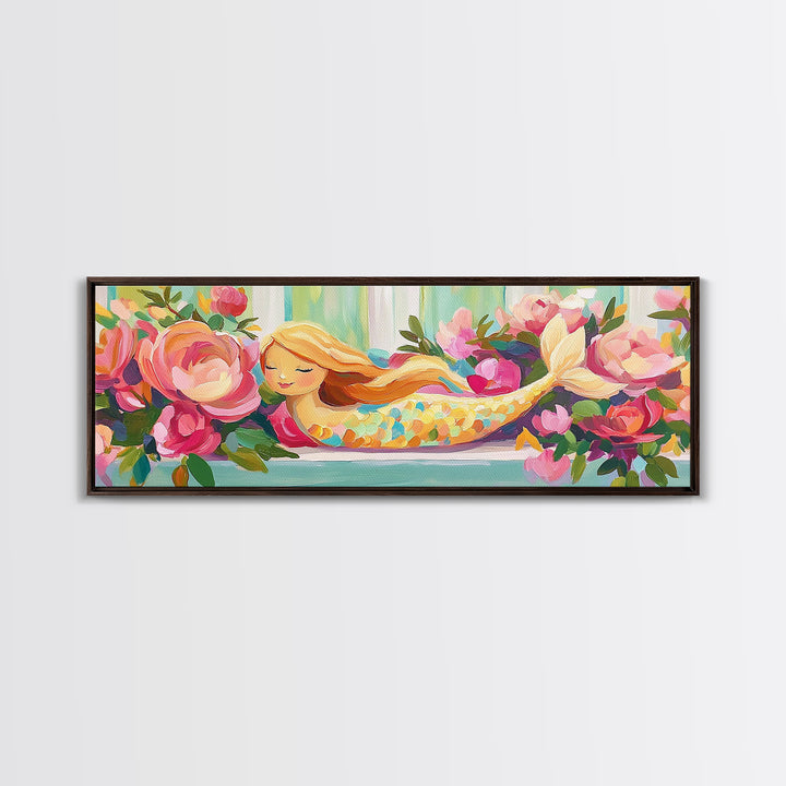 Sleeping Mermaid In Rose Garden Canvas Print, Whimsical Floral Wall Art, Girls Room Decor, Nursery Wall Art, Fantasy Gift