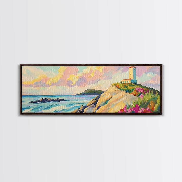 Pastel Lighthouse On Rocky Coast Canvas Print, Coastal Wall Art, Beach House Decor, Ocean Landscape, Nautical Living Room Art