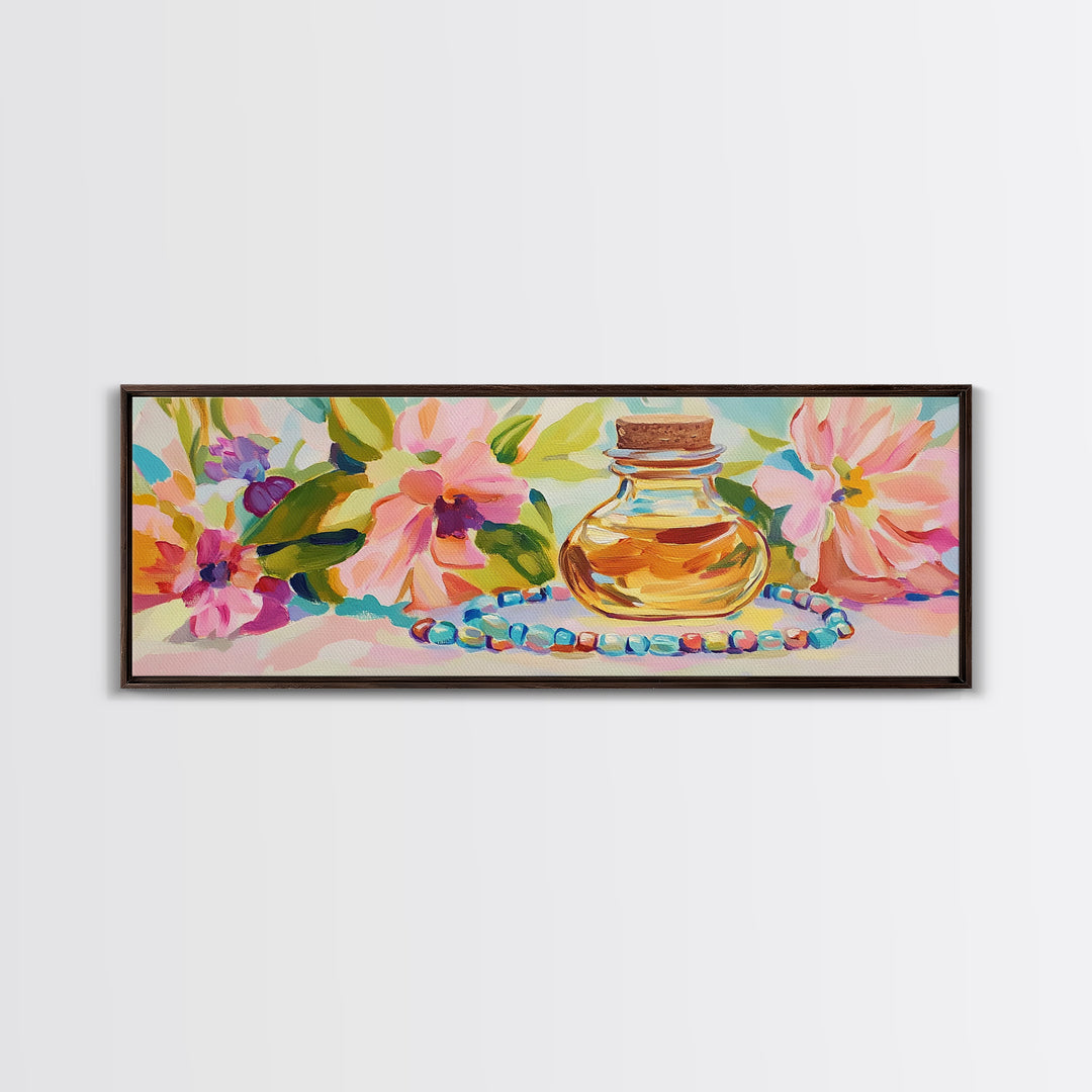 Perfume Bottle And Floral Beads Canvas Print, Feminine Wall Art, Pink Floral Home Decor, Girly Bedroom Decor Gift For Her