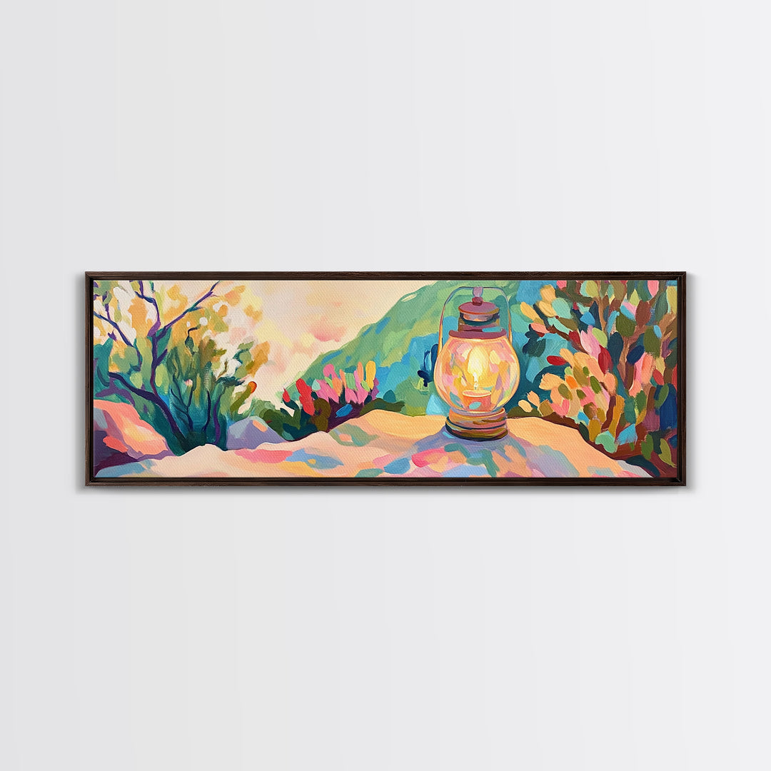 Glowing Lantern Mountain Landscape Canvas Print, Cozy Wall Art, Rustic Nature Decor, Cabin Living Room Art Print Housewarming Gift