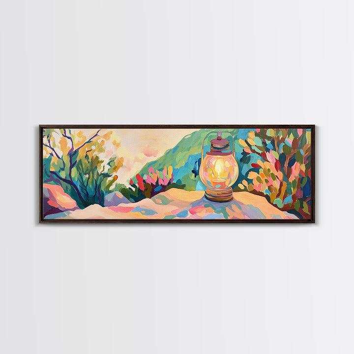 Glowing Lantern Mountain Landscape Canvas Print, Cozy Wall Art, Rustic Nature Decor, Cabin Living Room Art Print Housewarming Gift