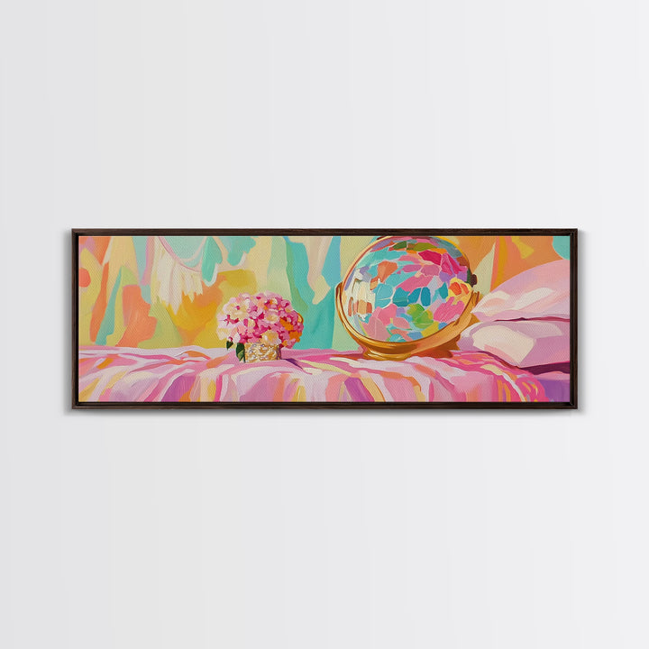 Pastel Vanity Globe And Pink Bouquet Framed Canvas Print, Girly Bedroom Wall Art, Coquette Room Decor, Gift For Her, Aesthetic Wall Art