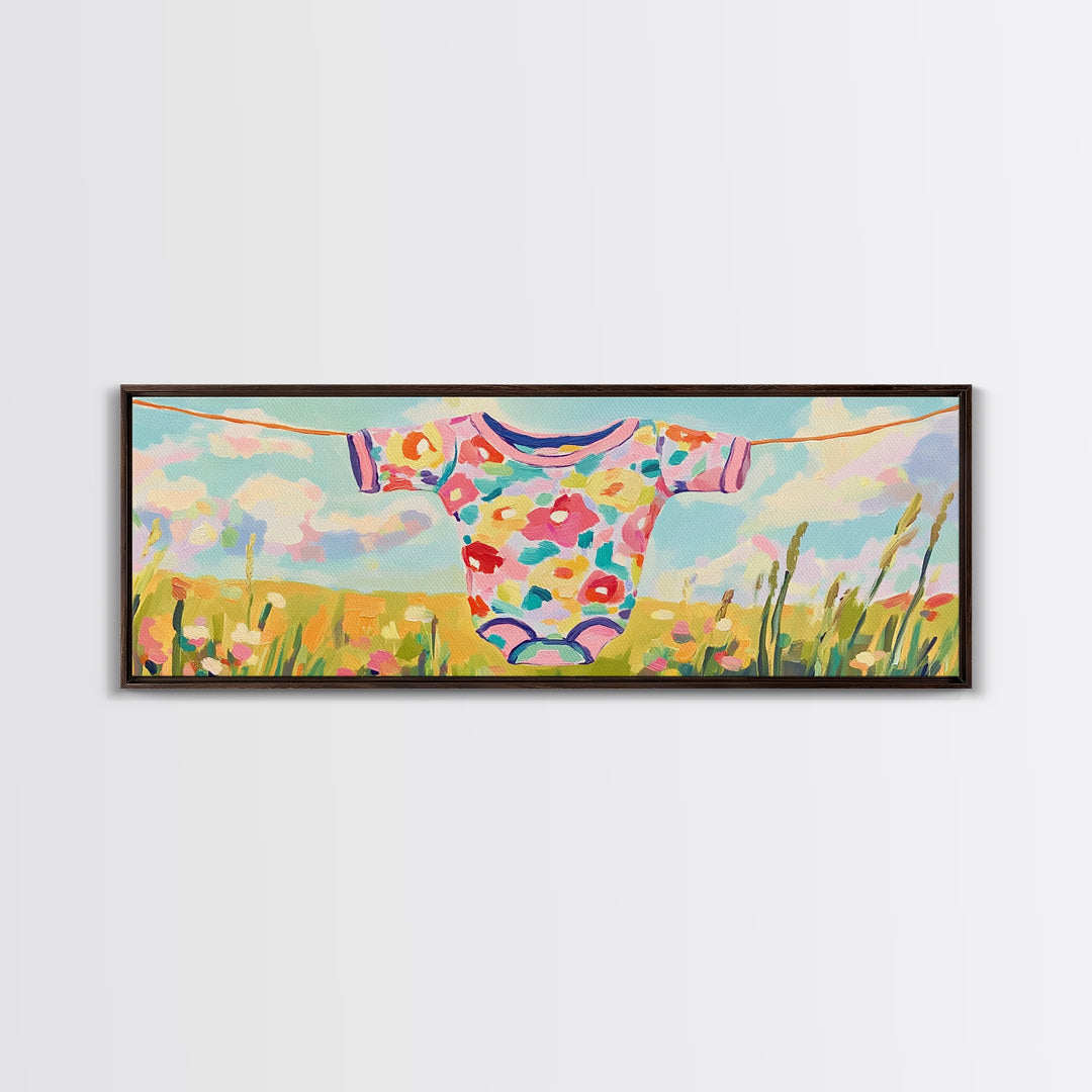 Floral Baby Onesie On Clothesline Wall Art, Nursery Wall Art For Baby Girl Room Decor, Baby Shower Gift, Kids Room Decor