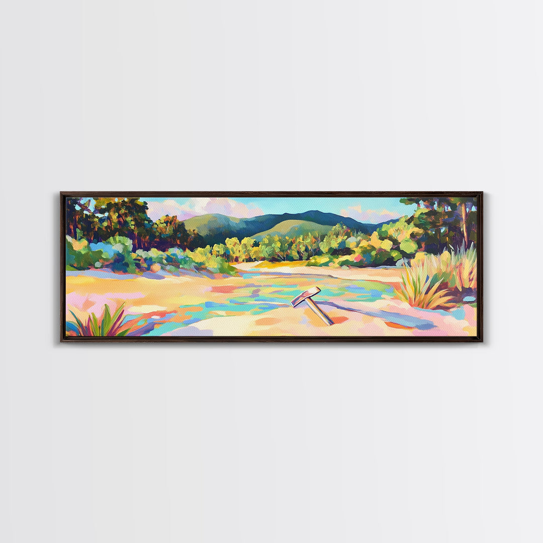 Colorful Sandy River Beach Framed Canvas Print, Coastal Wall Art, Mountain Landscape Art, Summer Decor, Housewarming Gift