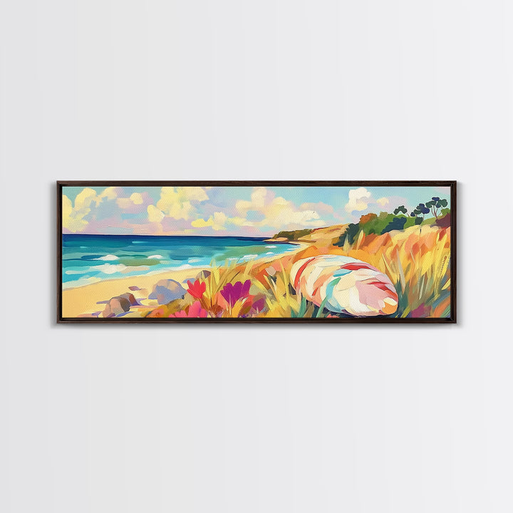 Sunny Coastal Beach With Seashell And Wildflowers Wall Art, Ocean Landscape Canvas Print, Beach House Decor, Summer Vibes
