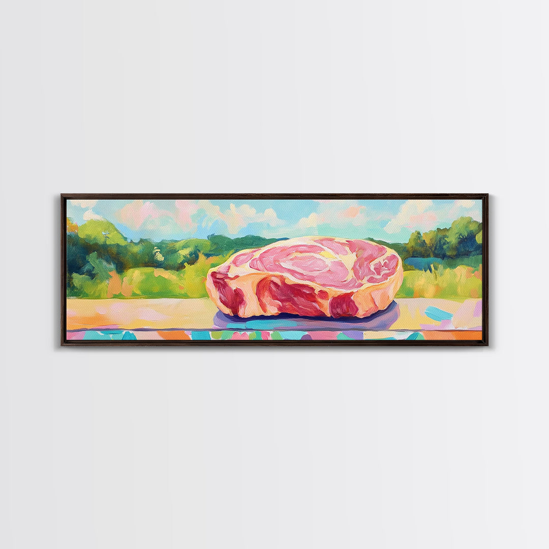 Pastel Steak Still Life In Green Meadow Wall Art, Quirky Kitchen Canvas Print, Colorful Food Decor, Dining Room Art Gift