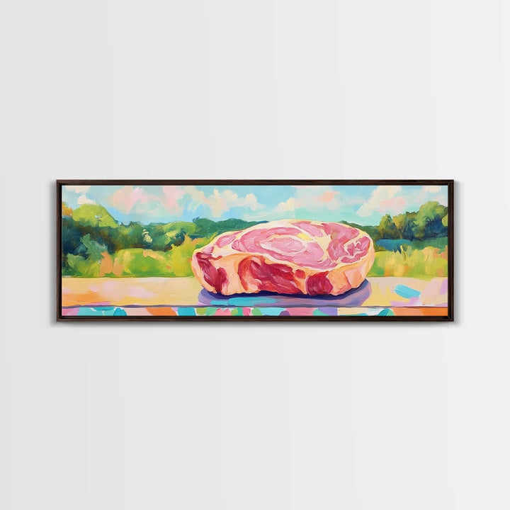 Pastel Steak Still Life In Green Meadow Wall Art, Quirky Kitchen Canvas Print, Colorful Food Decor, Dining Room Art Gift