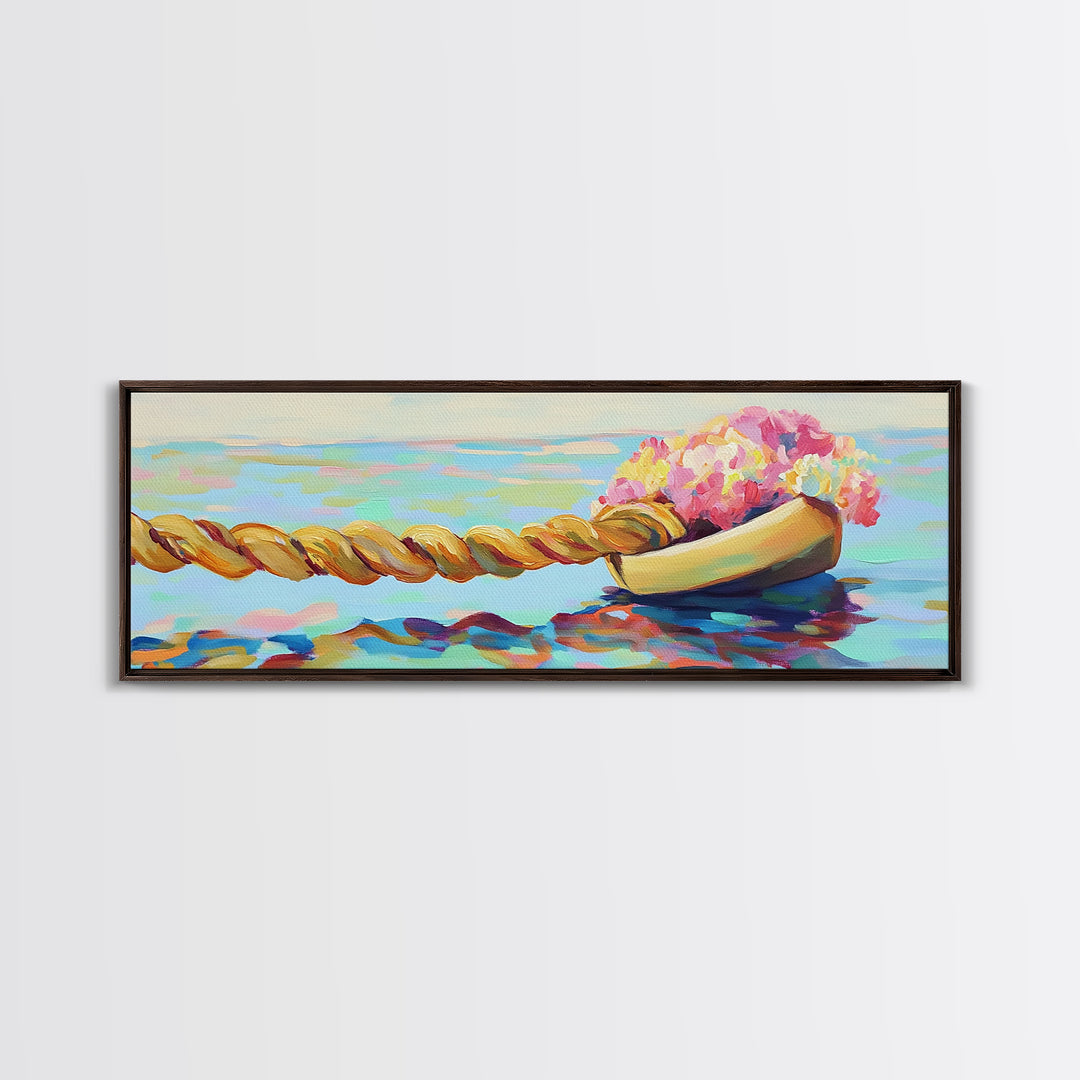 Wooden Boat With Pink Flowers And Rope On Water Canvas Print, Coastal Wall Art, Nautical Decor, Beach House Decor, Gift For Her