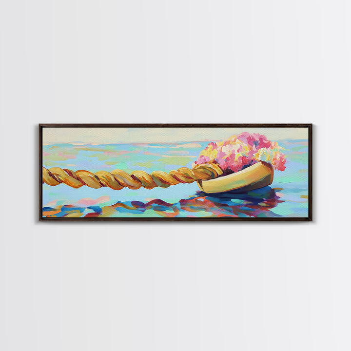 Wooden Boat With Pink Flowers And Rope On Water Canvas Print, Coastal Wall Art, Nautical Decor, Beach House Decor, Gift For Her