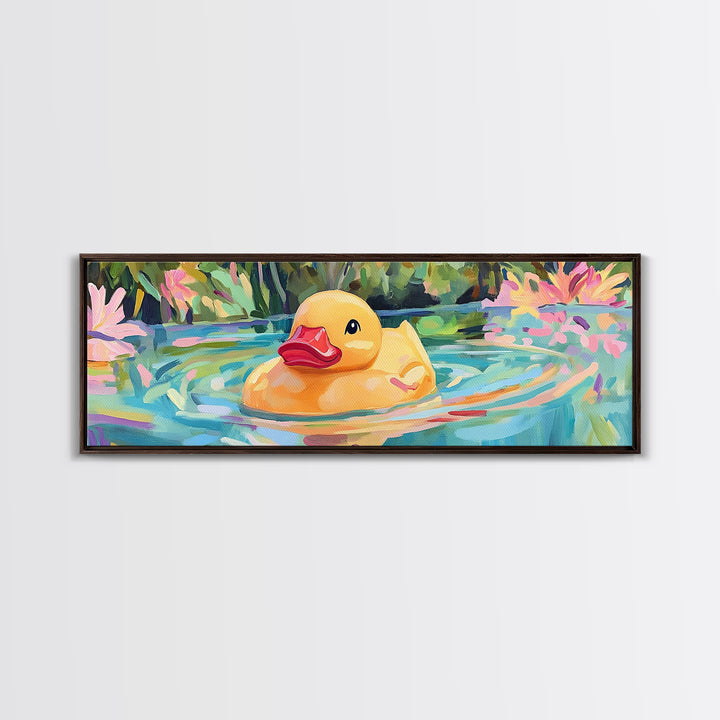 Cheerful Rubber Duck Floating In Lily Pond Wall Art, Kids Bathroom Decor, Whimsical Animal Art, Canvas Print Gift For Kids