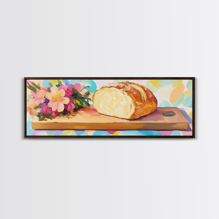 Crusty Bread Loaf And Flowers Canvas Print, Cozy Kitchen Wall Art, Bakery Decor, Food Still Life Art Print, Housewarming Gift