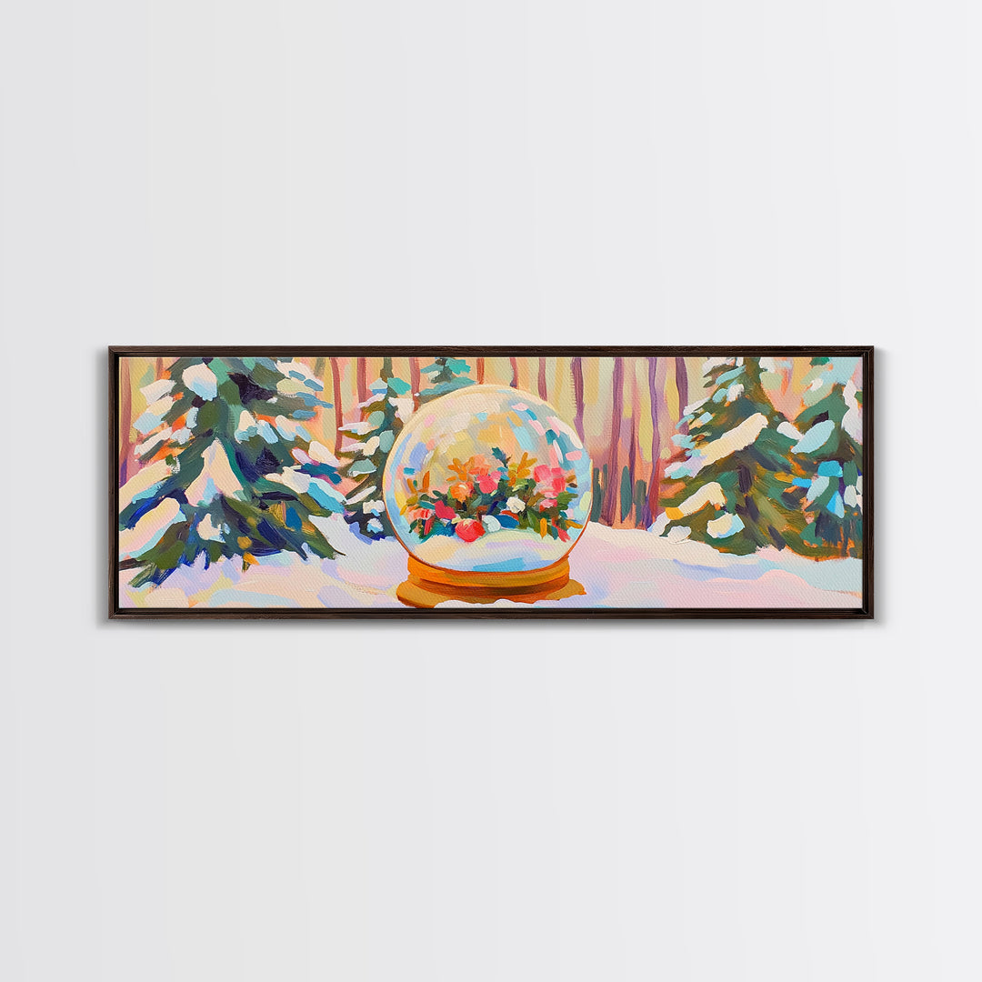 Winter Forest Snow Globe With Flowers Framed Canvas Print, Cozy Christmas Wall Art For Cabin Decor And Seasonal Home Decor