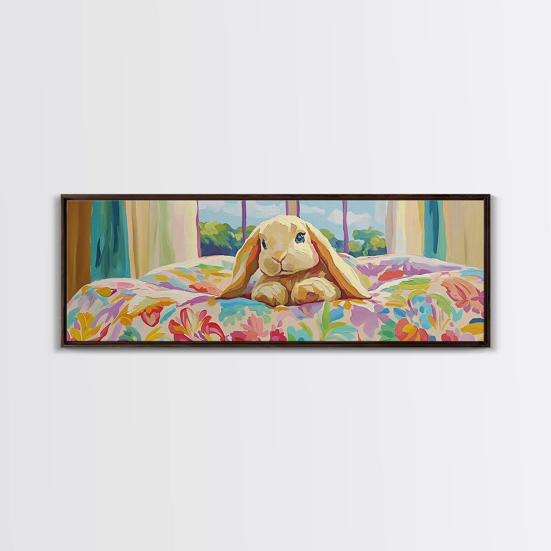 Sweet Bunny On Floral Bed Framed Canvas Print, Nursery Wall Art, Whimsical Kids Room Decor, Cute Animal Baby Shower Gift For Her
