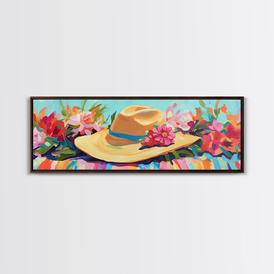 Straw Sun Hat With Tropical Flowers Canvas Print, Beach Wall Art, Coastal Cowgirl Decor, Summer Fashion Gift For Her Home Decor