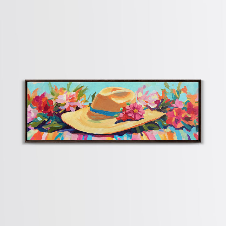 Straw Sun Hat With Tropical Flowers Canvas Print, Beach Wall Art, Coastal Cowgirl Decor, Summer Fashion Gift For Her Home Decor