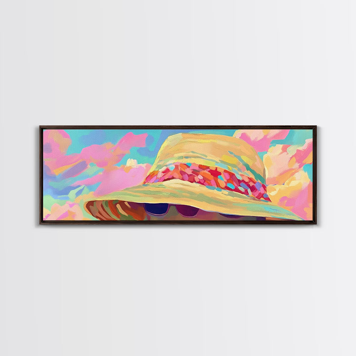 Wide Brim Beach Hat And Sunglasses Canvas Print, Coastal Wall Art, Summer Fashion Decor, Pink Preppy Bedroom Gift For Her