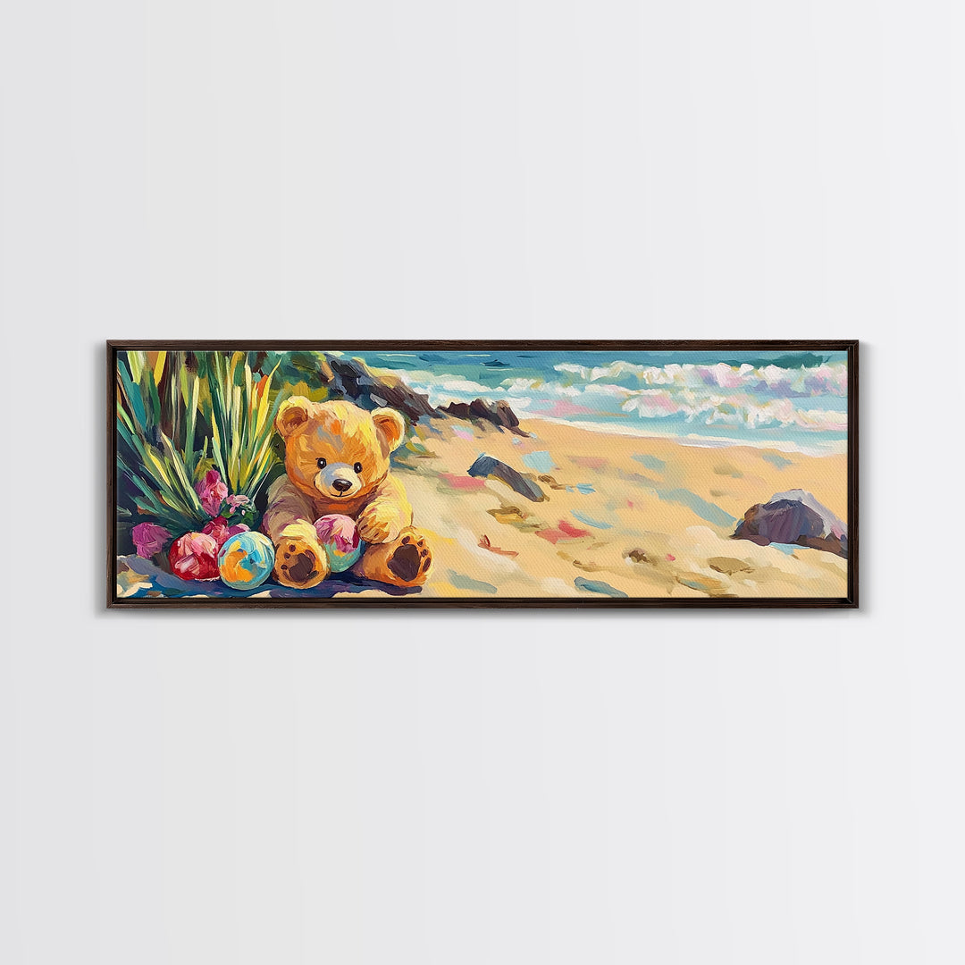 Teddy Bear On Sunny Beach Canvas Print, Coastal Nursery Wall Art, Kids Room Decor, Beach House Decor, Whimsical Baby Gift